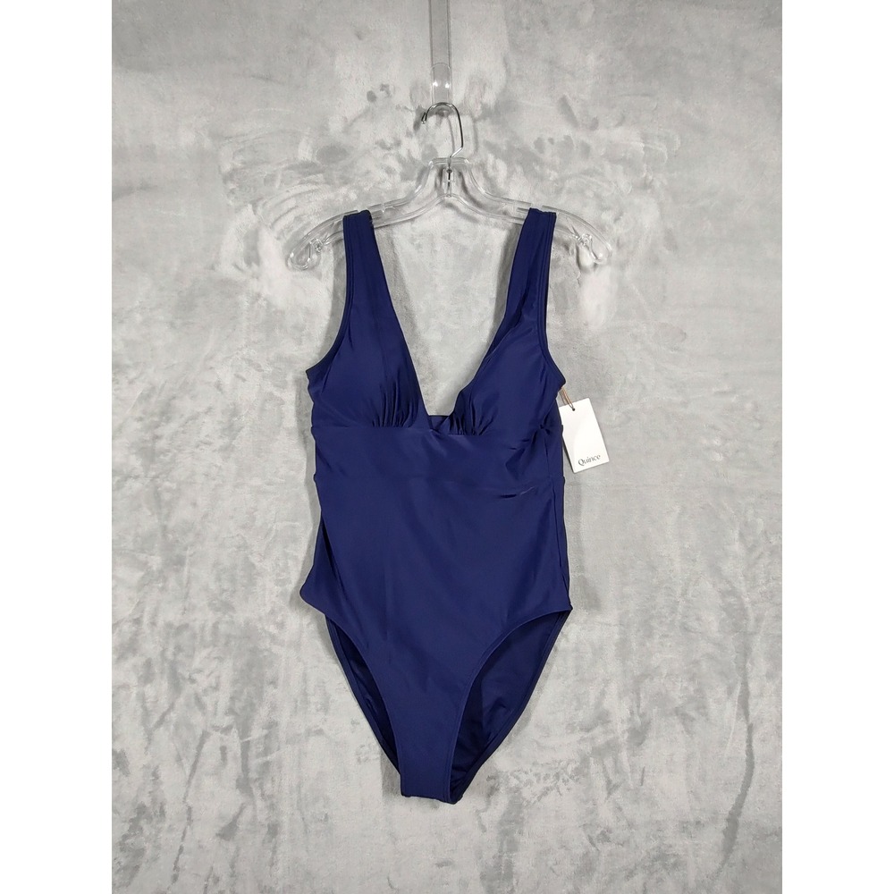 Quince‎ Womens Recycled Ruched V-Neck One-Piece Swimsuit Navy Blue Medium ATG001